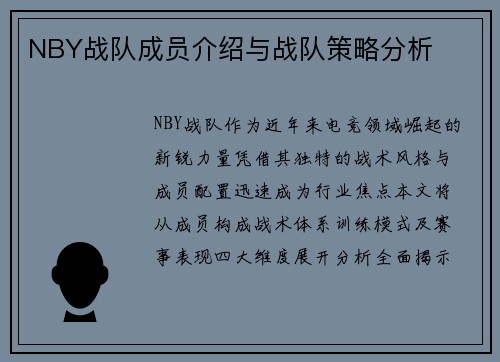 NBY战队成员介绍与战队策略分析
