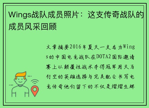 Wings战队成员照片：这支传奇战队的成员风采回顾