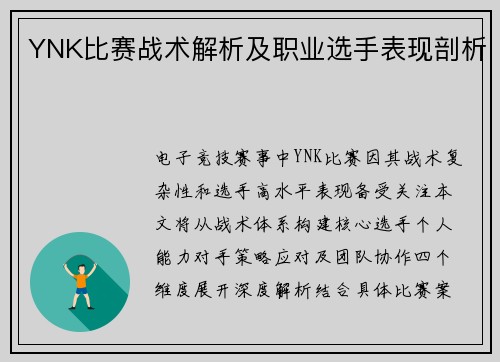 YNK比赛战术解析及职业选手表现剖析