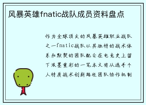 风暴英雄fnatic战队成员资料盘点