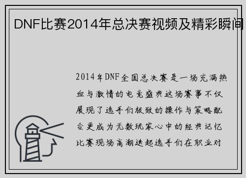DNF比赛2014年总决赛视频及精彩瞬间
