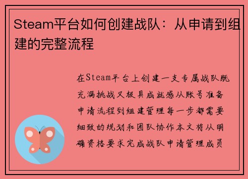 Steam平台如何创建战队：从申请到组建的完整流程
