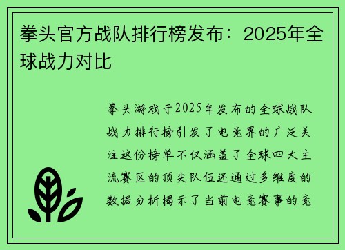 拳头官方战队排行榜发布：2025年全球战力对比