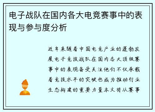 电子战队在国内各大电竞赛事中的表现与参与度分析